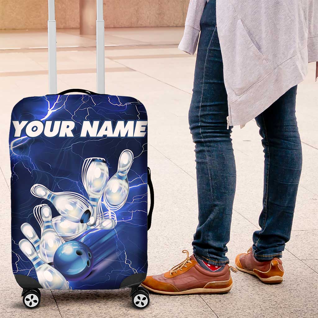 Blue Lightning Bowling Hoodie Luggage Cover with Striking Ball and Pins Graphic and Custom Name Design - Wonder Print Shop