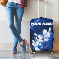 Blue Lightning Bowling Hoodie Luggage Cover with Striking Ball and Pins Graphic and Custom Name Design - Wonder Print Shop