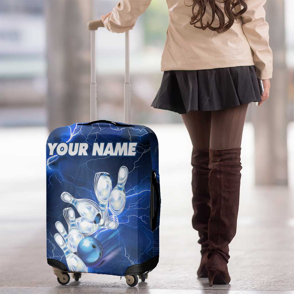 Blue Lightning Bowling Hoodie Luggage Cover with Striking Ball and Pins Graphic and Custom Name Design - Wonder Print Shop