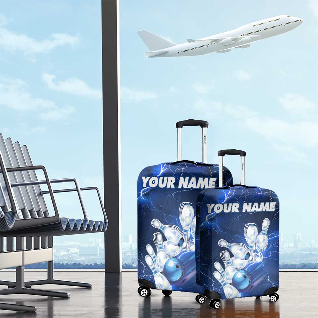 Blue Lightning Bowling Hoodie Luggage Cover with Striking Ball and Pins Graphic and Custom Name Design - Wonder Print Shop