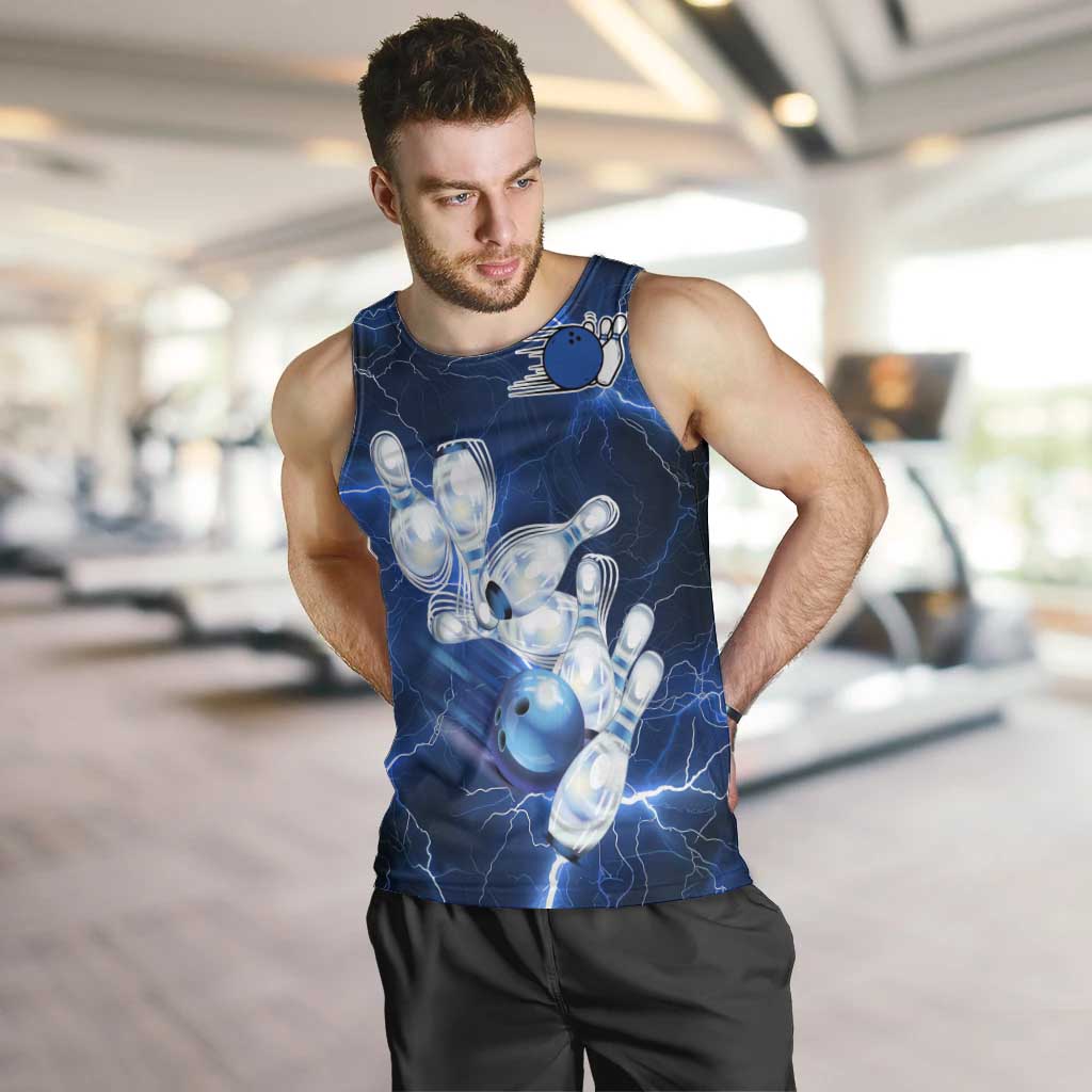 Blue Lightning Bowling Hoodie Men Tank Top with Striking Ball and Pins Graphic and Custom Name Design - Wonder Print Shop