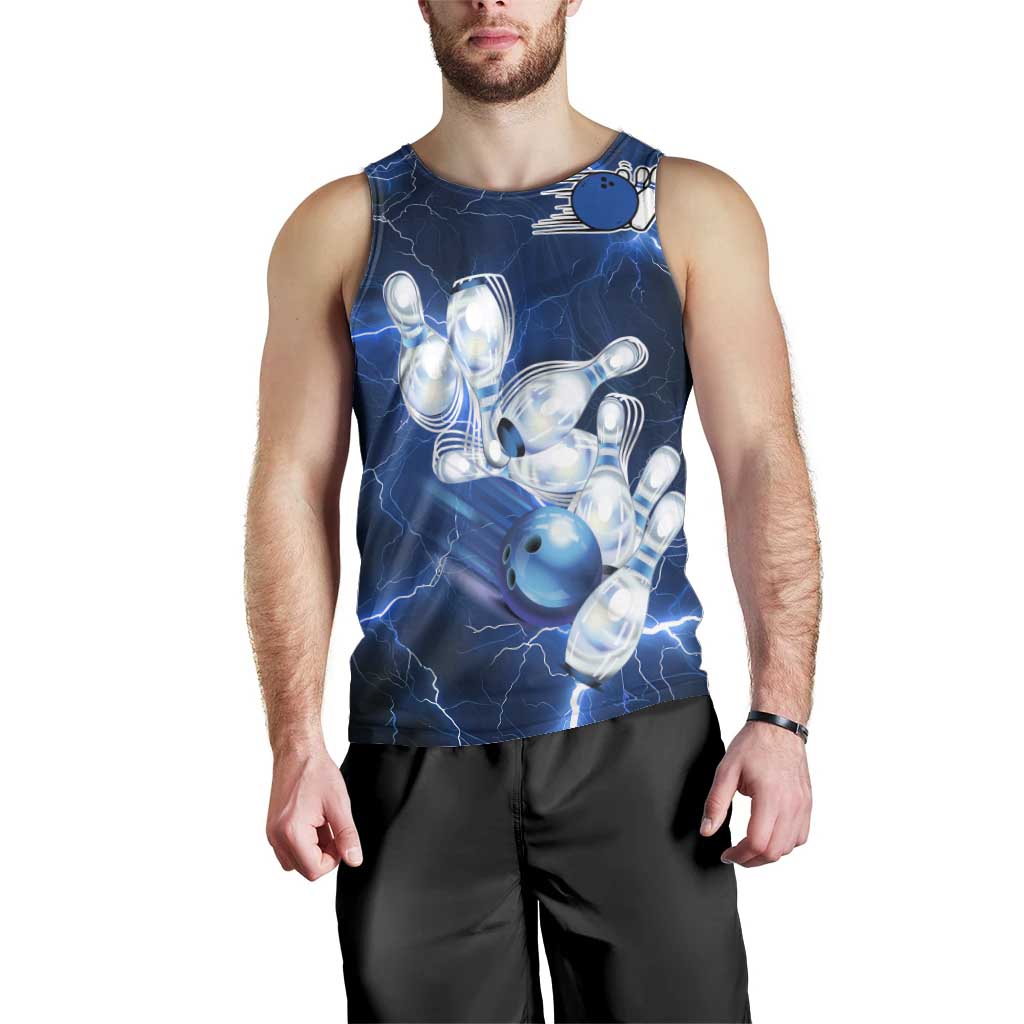 Blue Lightning Bowling Hoodie Men Tank Top with Striking Ball and Pins Graphic and Custom Name Design - Wonder Print Shop