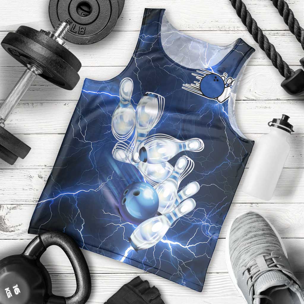 Blue Lightning Bowling Hoodie Men Tank Top with Striking Ball and Pins Graphic and Custom Name Design - Wonder Print Shop