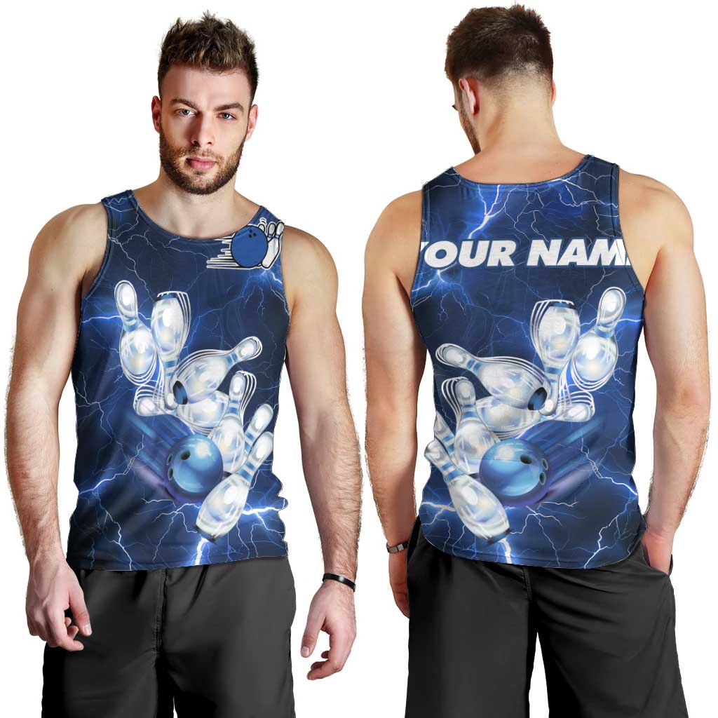 Blue Lightning Bowling Hoodie Men Tank Top with Striking Ball and Pins Graphic and Custom Name Design - Wonder Print Shop