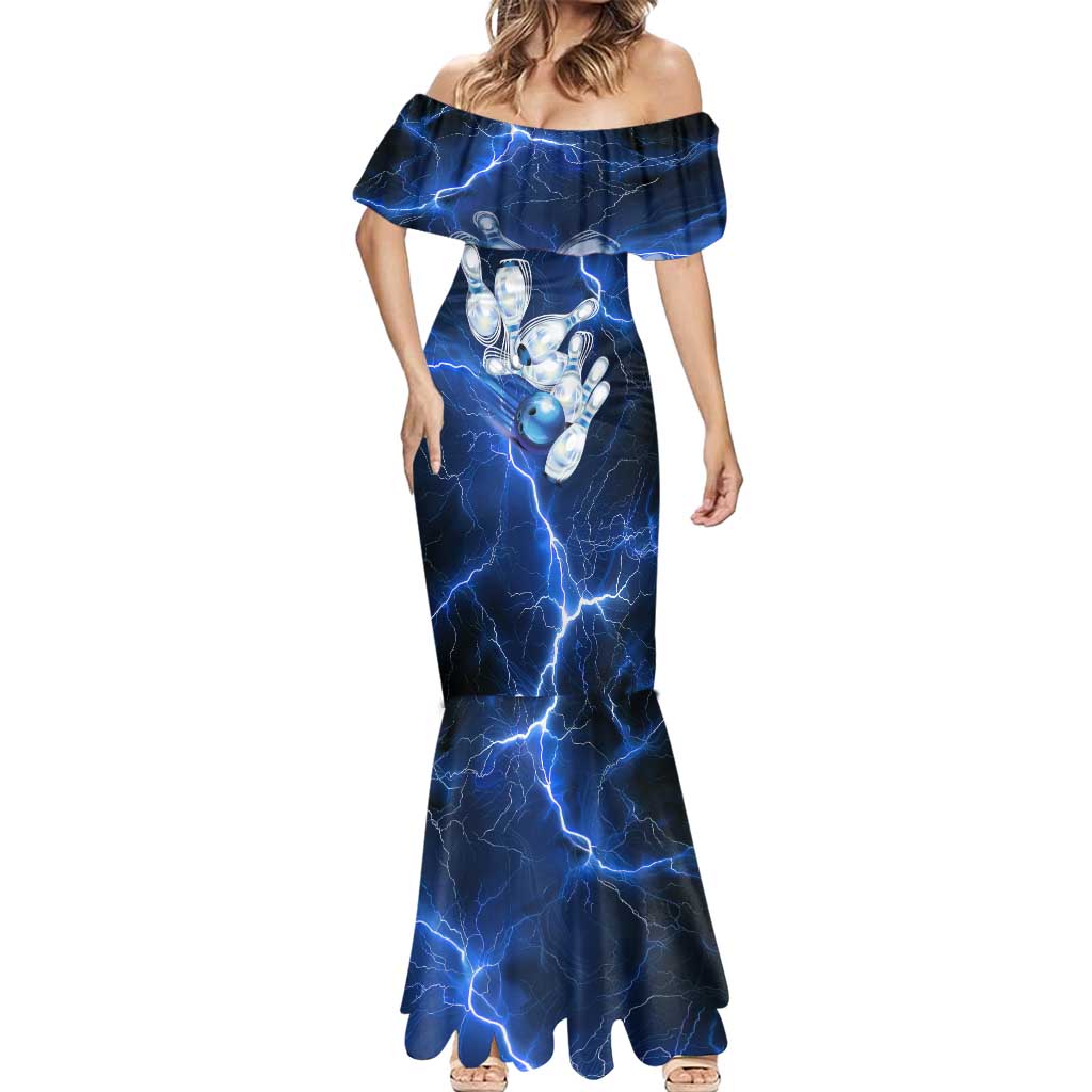 Blue Lightning Bowling Hoodie Mermaid Dress with Striking Ball and Pins Graphic and Custom Name Design - Wonder Print Shop