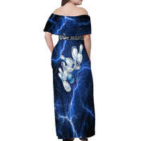 Blue Lightning Bowling Hoodie Off Shoulder Maxi Dress with Striking Ball and Pins Graphic and Custom Name Design - Wonder Print Shop