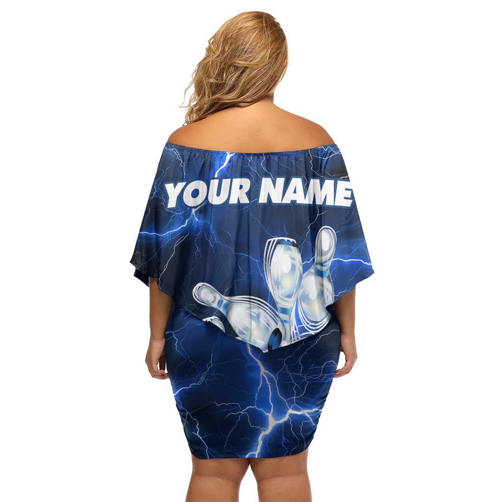 Blue Lightning Bowling Hoodie Off Shoulder Short Dress with Striking Ball and Pins Graphic and Custom Name Design - Wonder Print Shop
