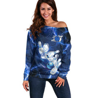 Blue Lightning Bowling Hoodie Off Shoulder Sweater with Striking Ball and Pins Graphic and Custom Name Design - Wonder Print Shop