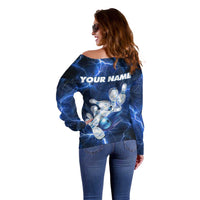 Blue Lightning Bowling Hoodie Off Shoulder Sweater with Striking Ball and Pins Graphic and Custom Name Design - Wonder Print Shop