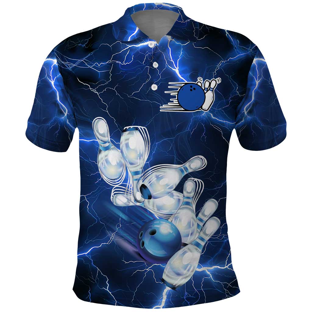 Blue Lightning Bowling Hoodie Polo Shirt with Striking Ball and Pins Graphic and Custom Name Design - Wonder Print Shop