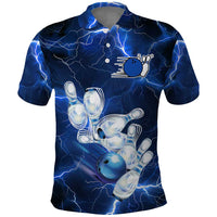 Blue Lightning Bowling Hoodie Polo Shirt with Striking Ball and Pins Graphic and Custom Name Design - Wonder Print Shop
