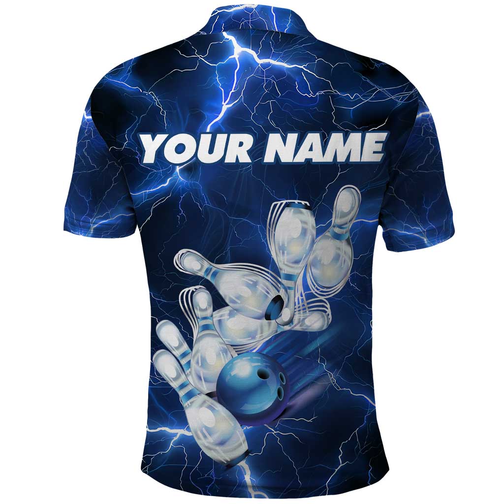 Blue Lightning Bowling Hoodie Polo Shirt with Striking Ball and Pins Graphic and Custom Name Design - Wonder Print Shop