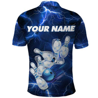 Blue Lightning Bowling Hoodie Polo Shirt with Striking Ball and Pins Graphic and Custom Name Design - Wonder Print Shop