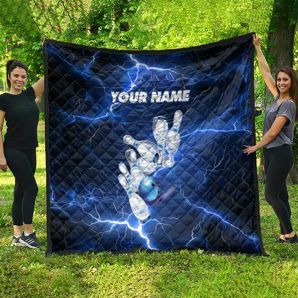 Blue Lightning Bowling Hoodie Quilt with Striking Ball and Pins Graphic and Custom Name Design - Wonder Print Shop