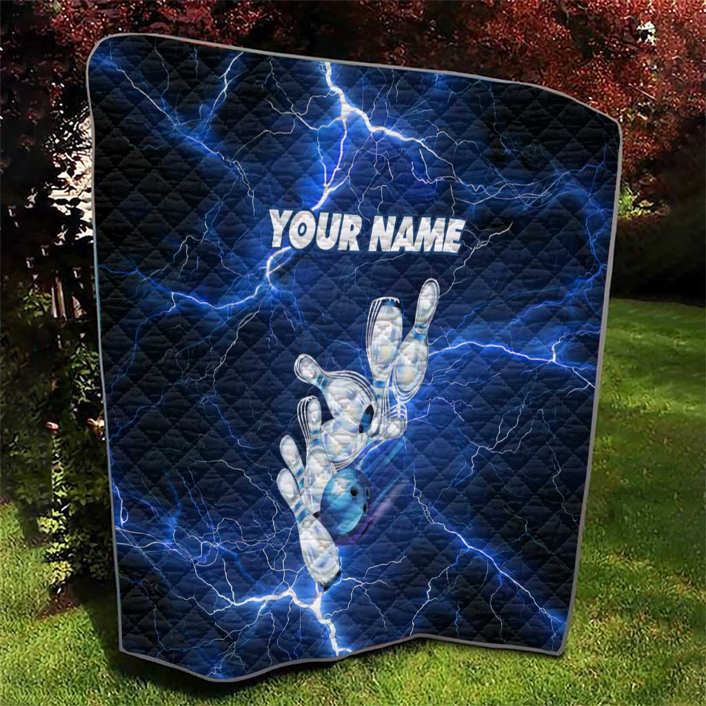 Blue Lightning Bowling Hoodie Quilt with Striking Ball and Pins Graphic and Custom Name Design - Wonder Print Shop