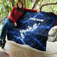 Blue Lightning Bowling Hoodie Quilt with Striking Ball and Pins Graphic and Custom Name Design - Wonder Print Shop