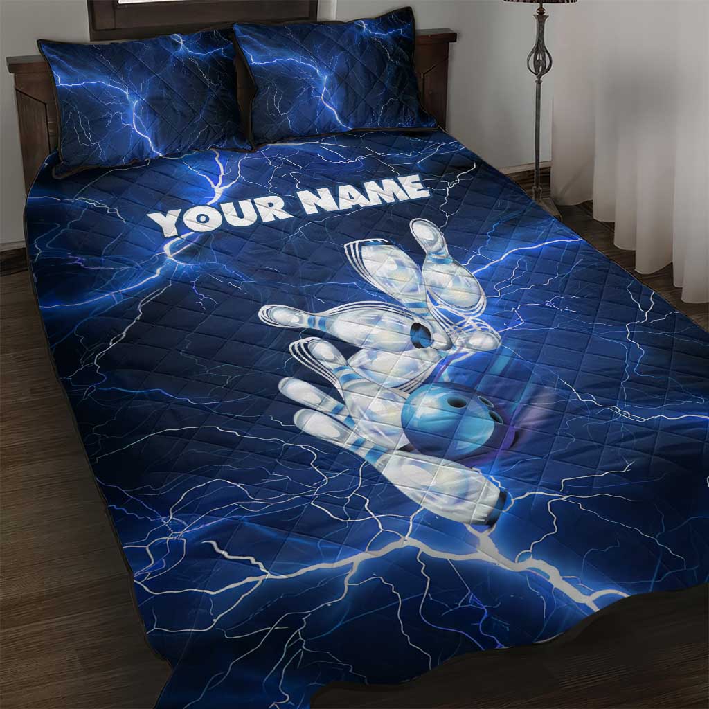Blue Lightning Bowling Hoodie Quilt Bed Set with Striking Ball and Pins Graphic and Custom Name Design - Wonder Print Shop