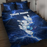 Blue Lightning Bowling Hoodie Quilt Bed Set with Striking Ball and Pins Graphic and Custom Name Design - Wonder Print Shop