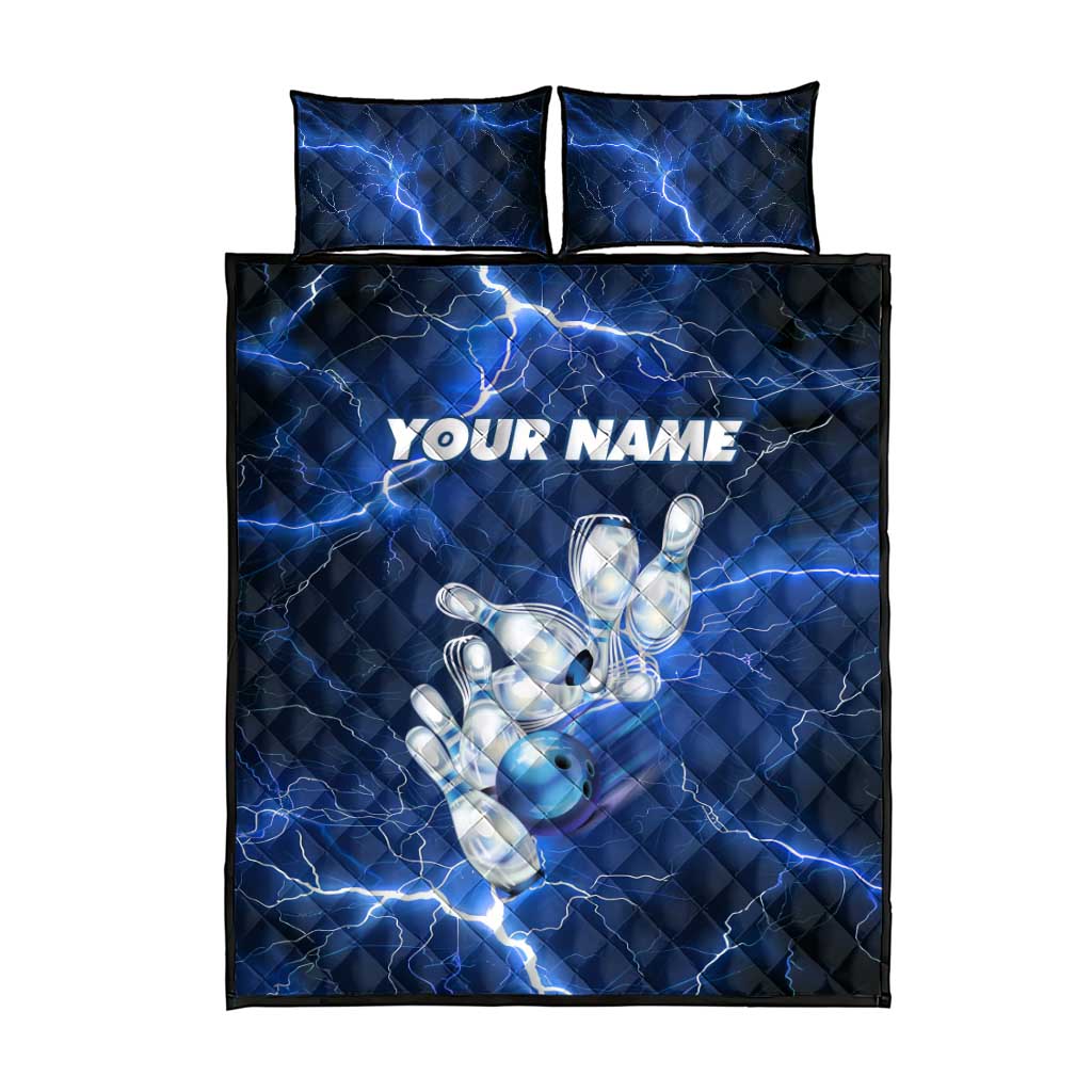 Blue Lightning Bowling Hoodie Quilt Bed Set with Striking Ball and Pins Graphic and Custom Name Design - Wonder Print Shop