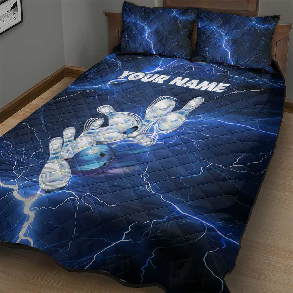 Blue Lightning Bowling Hoodie Quilt Bed Set with Striking Ball and Pins Graphic and Custom Name Design - Wonder Print Shop
