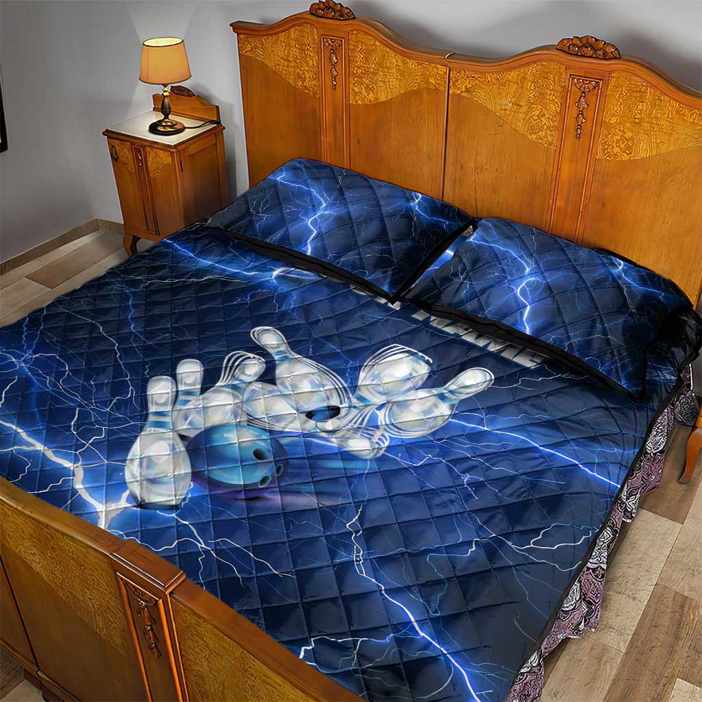 Blue Lightning Bowling Hoodie Quilt Bed Set with Striking Ball and Pins Graphic and Custom Name Design - Wonder Print Shop