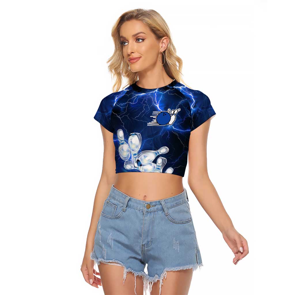 Blue Lightning Bowling Hoodie Raglan Cropped T Shirt with Striking Ball and Pins Graphic and Custom Name Design - Wonder Print Shop