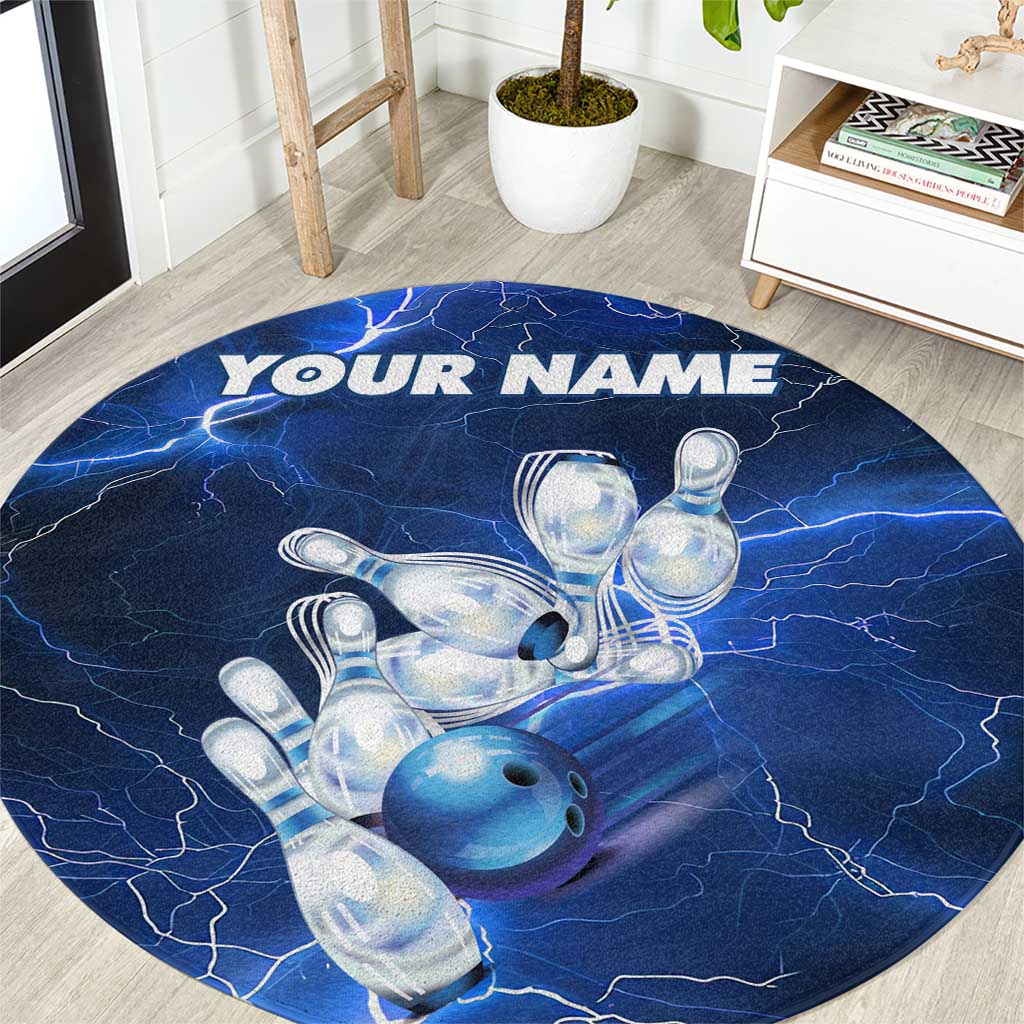 Blue Lightning Bowling Hoodie Round Carpet with Striking Ball and Pins Graphic and Custom Name Design - Wonder Print Shop