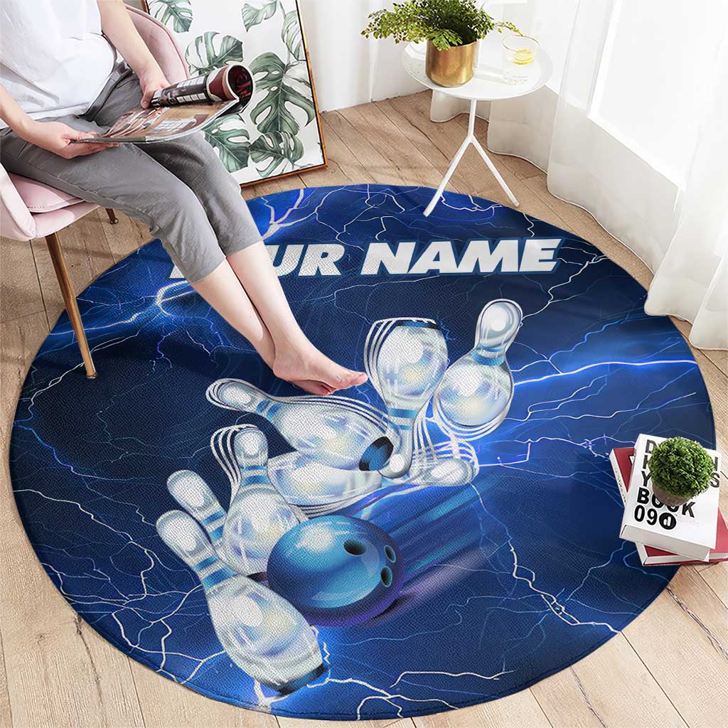 Blue Lightning Bowling Hoodie Round Carpet with Striking Ball and Pins Graphic and Custom Name Design - Wonder Print Shop