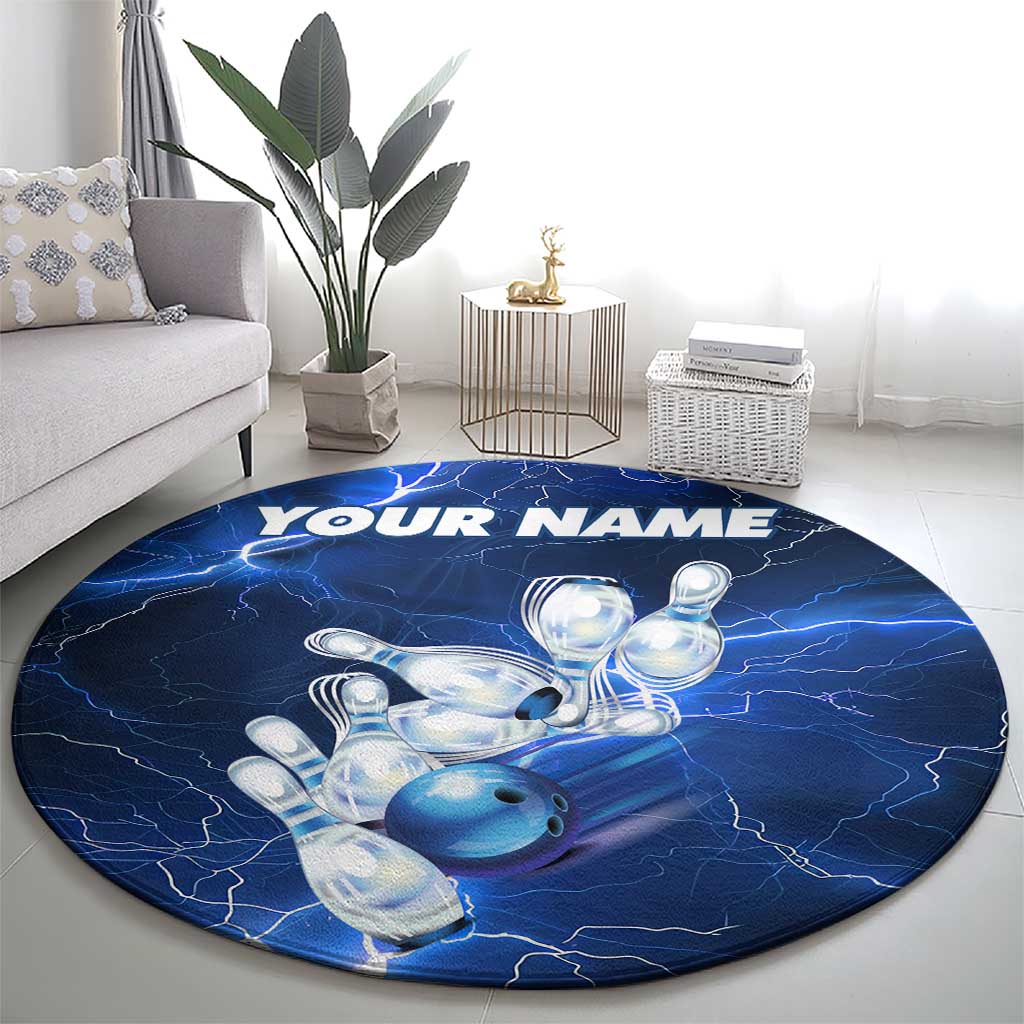 Blue Lightning Bowling Hoodie Round Carpet with Striking Ball and Pins Graphic and Custom Name Design - Wonder Print Shop
