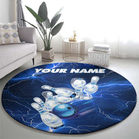 Blue Lightning Bowling Hoodie Round Carpet with Striking Ball and Pins Graphic and Custom Name Design - Wonder Print Shop