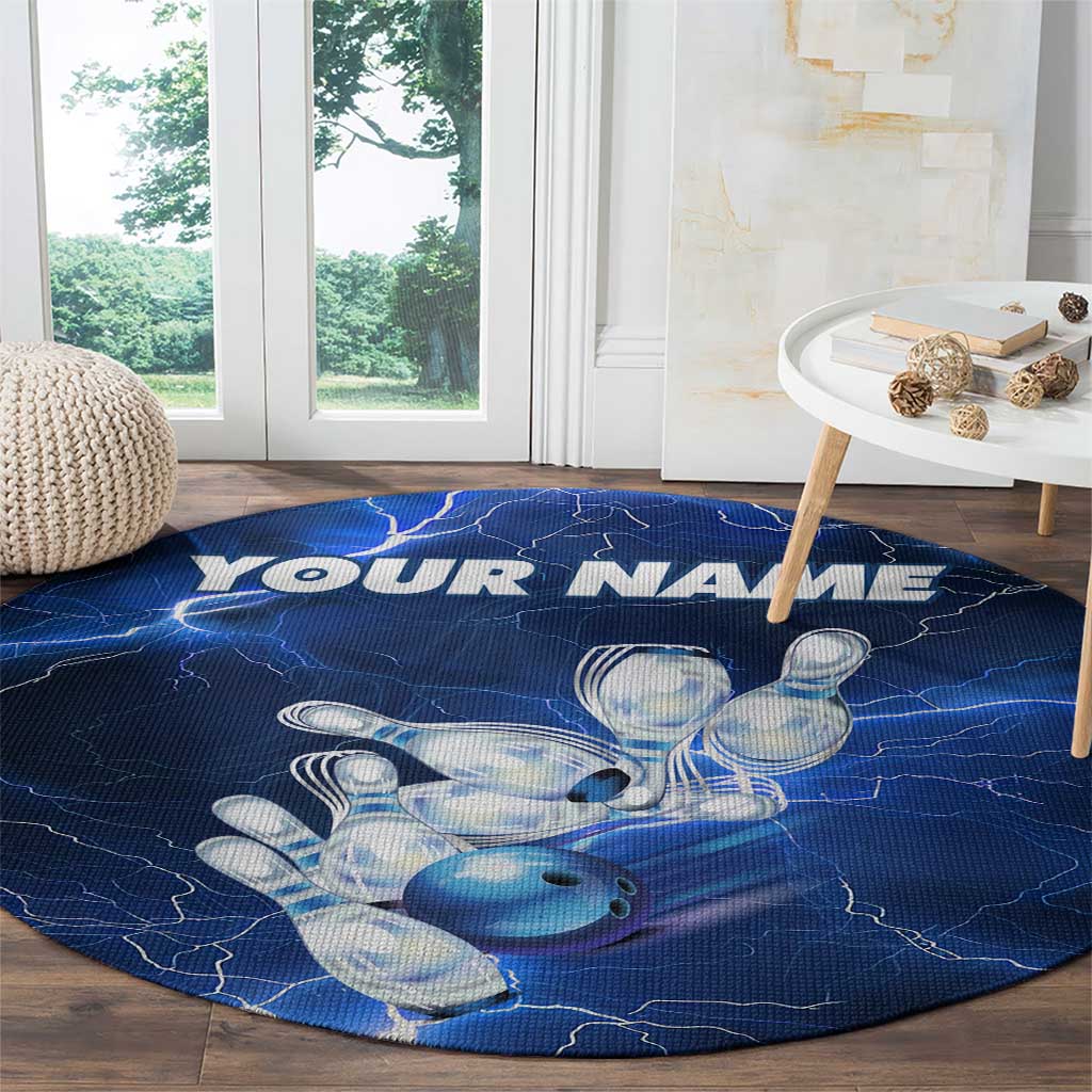 Blue Lightning Bowling Hoodie Round Carpet with Striking Ball and Pins Graphic and Custom Name Design - Wonder Print Shop