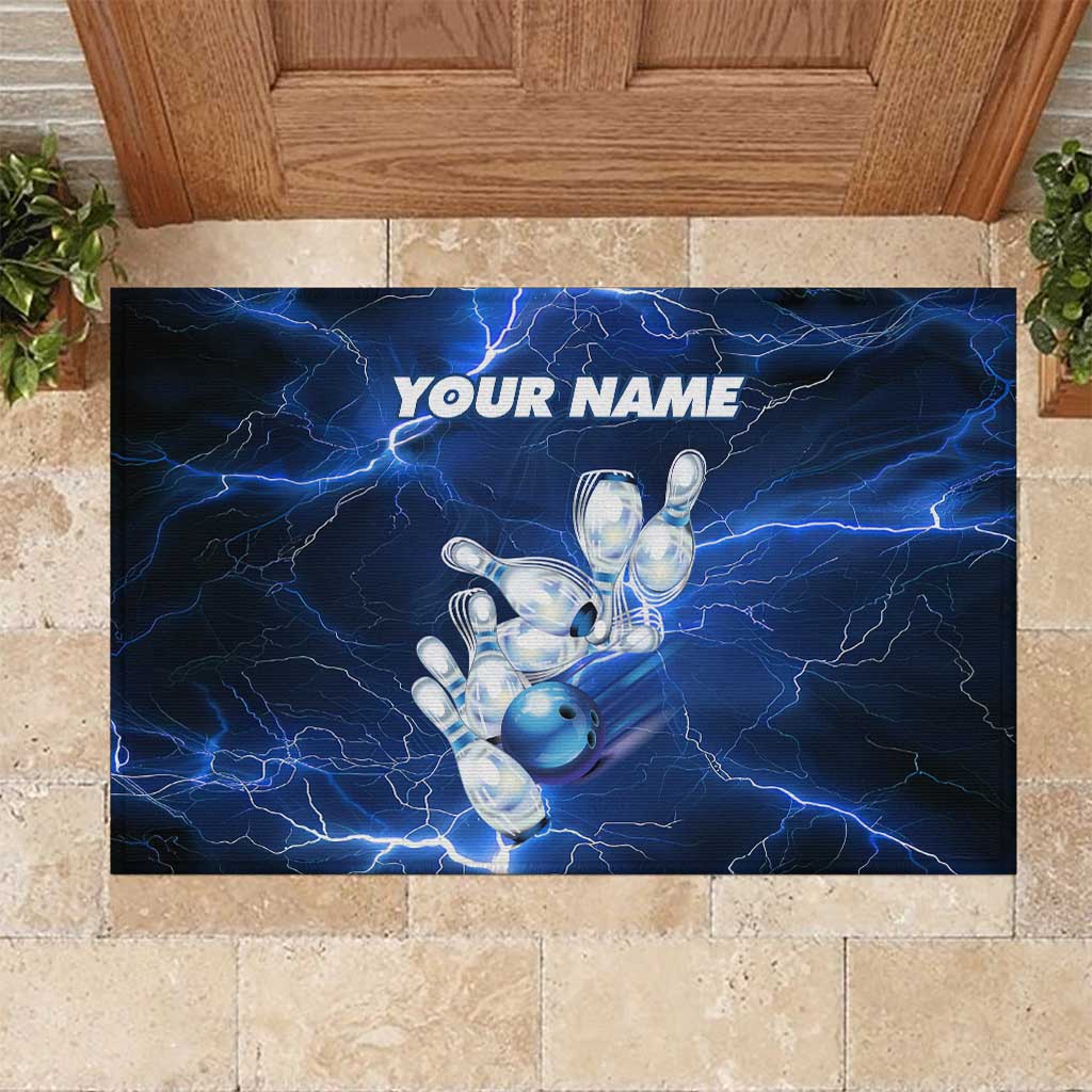 Blue Lightning Bowling Hoodie Rubber Doormat with Striking Ball and Pins Graphic and Custom Name Design - Wonder Print Shop