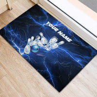Blue Lightning Bowling Hoodie Rubber Doormat with Striking Ball and Pins Graphic and Custom Name Design - Wonder Print Shop
