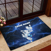 Blue Lightning Bowling Hoodie Rubber Doormat with Striking Ball and Pins Graphic and Custom Name Design - Wonder Print Shop
