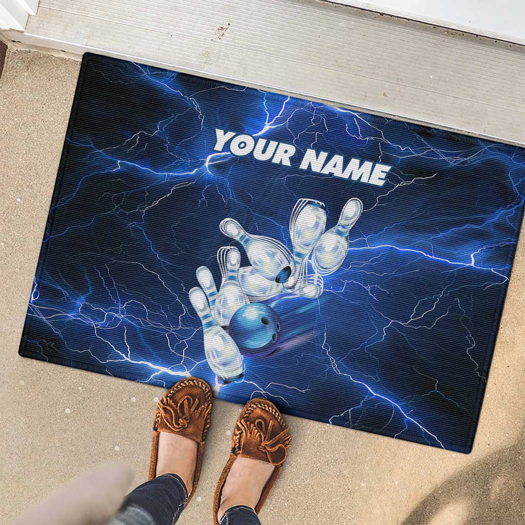 Blue Lightning Bowling Hoodie Rubber Doormat with Striking Ball and Pins Graphic and Custom Name Design - Wonder Print Shop