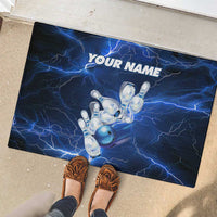 Blue Lightning Bowling Hoodie Rubber Doormat with Striking Ball and Pins Graphic and Custom Name Design - Wonder Print Shop