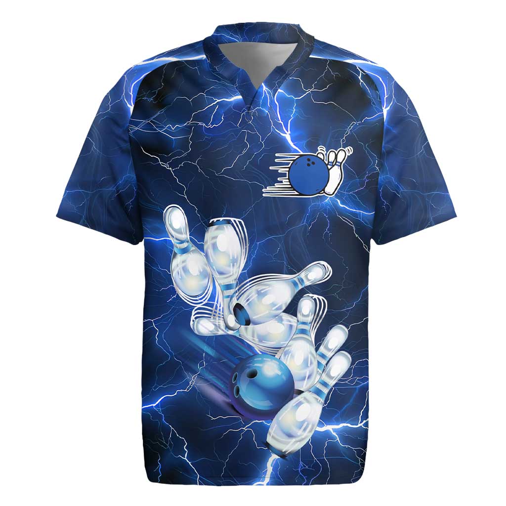 Blue Lightning Bowling Hoodie Rugby Jersey with Striking Ball and Pins Graphic and Custom Name Design - Wonder Print Shop