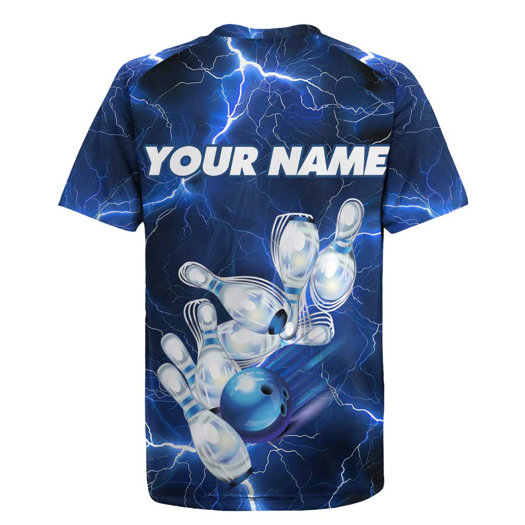 Blue Lightning Bowling Hoodie Rugby Jersey with Striking Ball and Pins Graphic and Custom Name Design - Wonder Print Shop