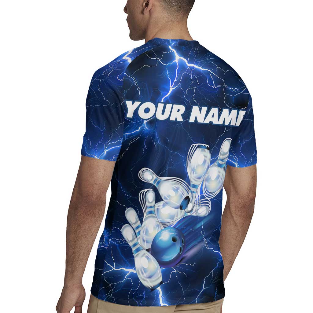 Blue Lightning Bowling Hoodie Rugby Jersey with Striking Ball and Pins Graphic and Custom Name Design - Wonder Print Shop