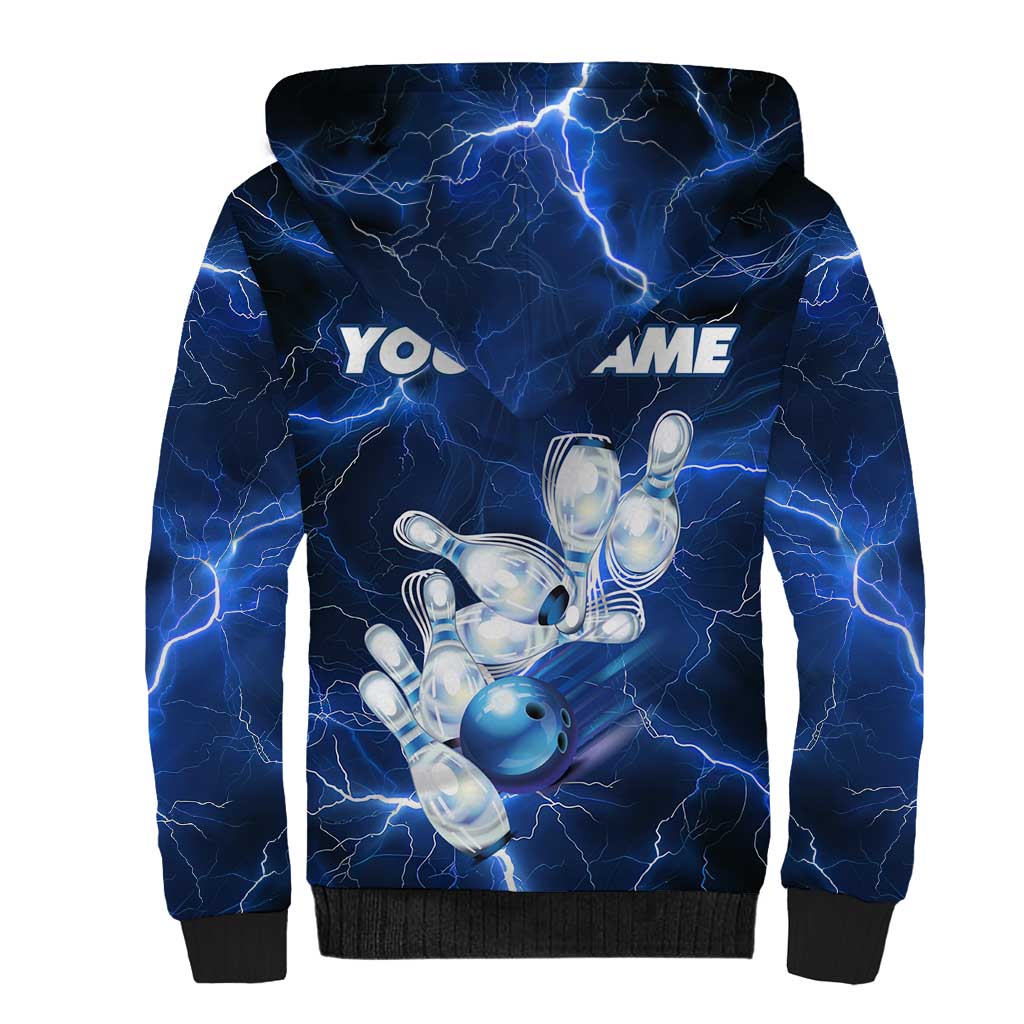 Blue Lightning Bowling Hoodie Sherpa Hoodie with Striking Ball and Pins Graphic and Custom Name Design - Wonder Print Shop