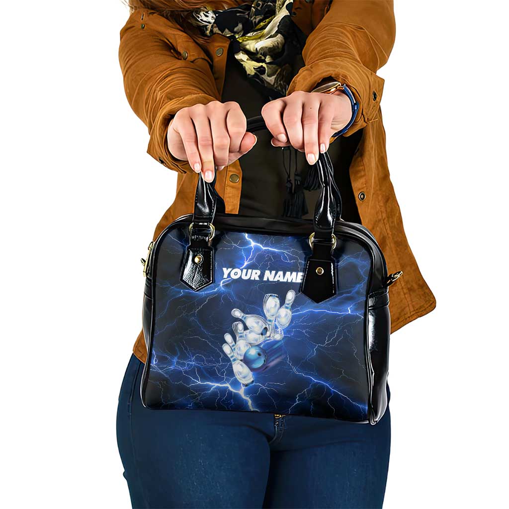 Blue Lightning Bowling Hoodie Shoulder Handbag with Striking Ball and Pins Graphic and Custom Name Design - Wonder Print Shop