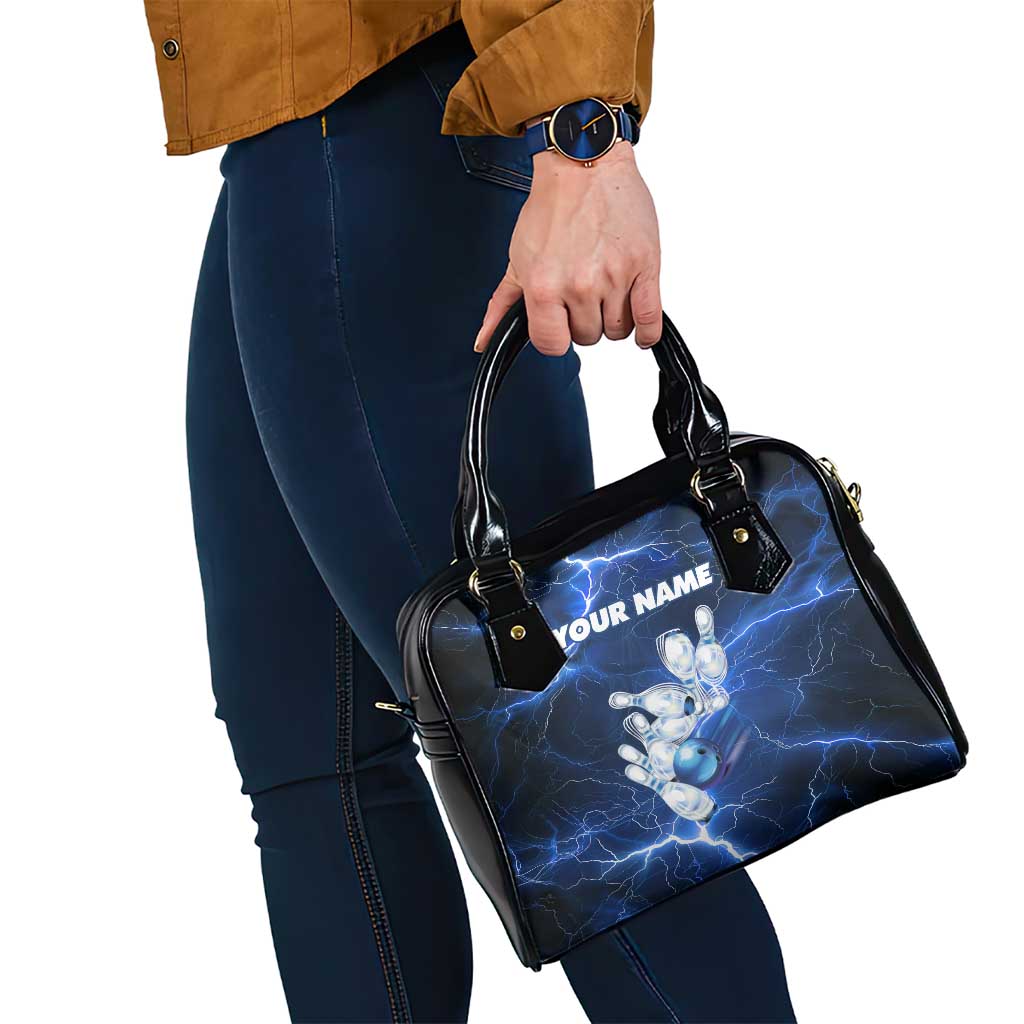 Blue Lightning Bowling Hoodie Shoulder Handbag with Striking Ball and Pins Graphic and Custom Name Design - Wonder Print Shop