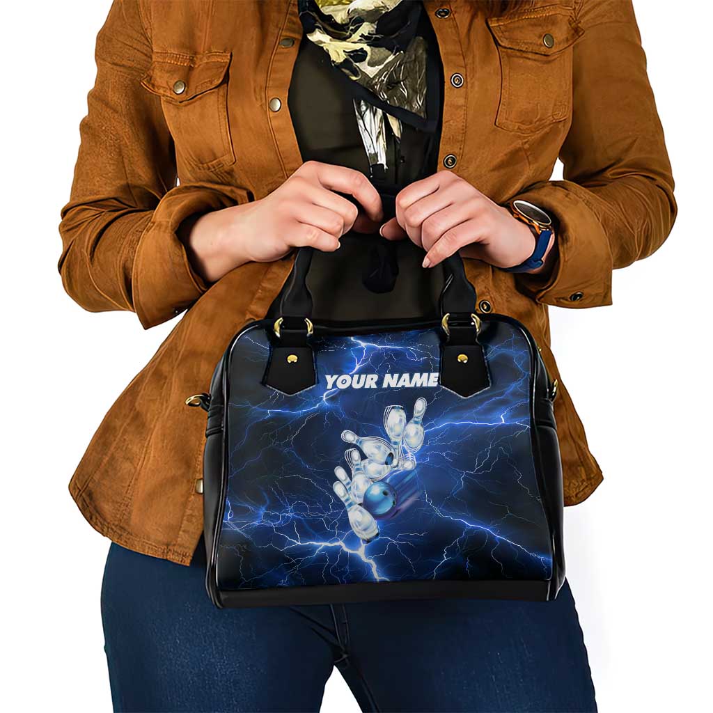 Blue Lightning Bowling Hoodie Shoulder Handbag with Striking Ball and Pins Graphic and Custom Name Design - Wonder Print Shop