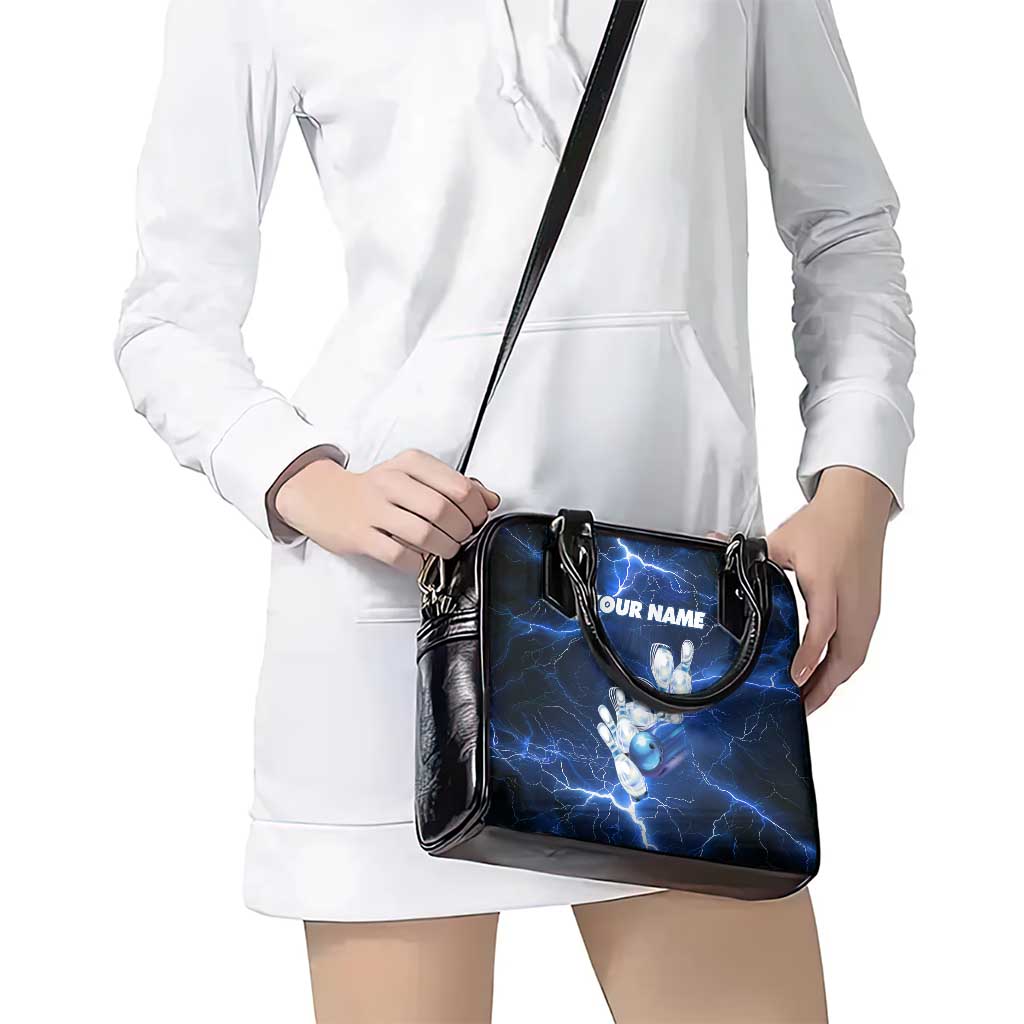 Blue Lightning Bowling Hoodie Shoulder Handbag with Striking Ball and Pins Graphic and Custom Name Design - Wonder Print Shop