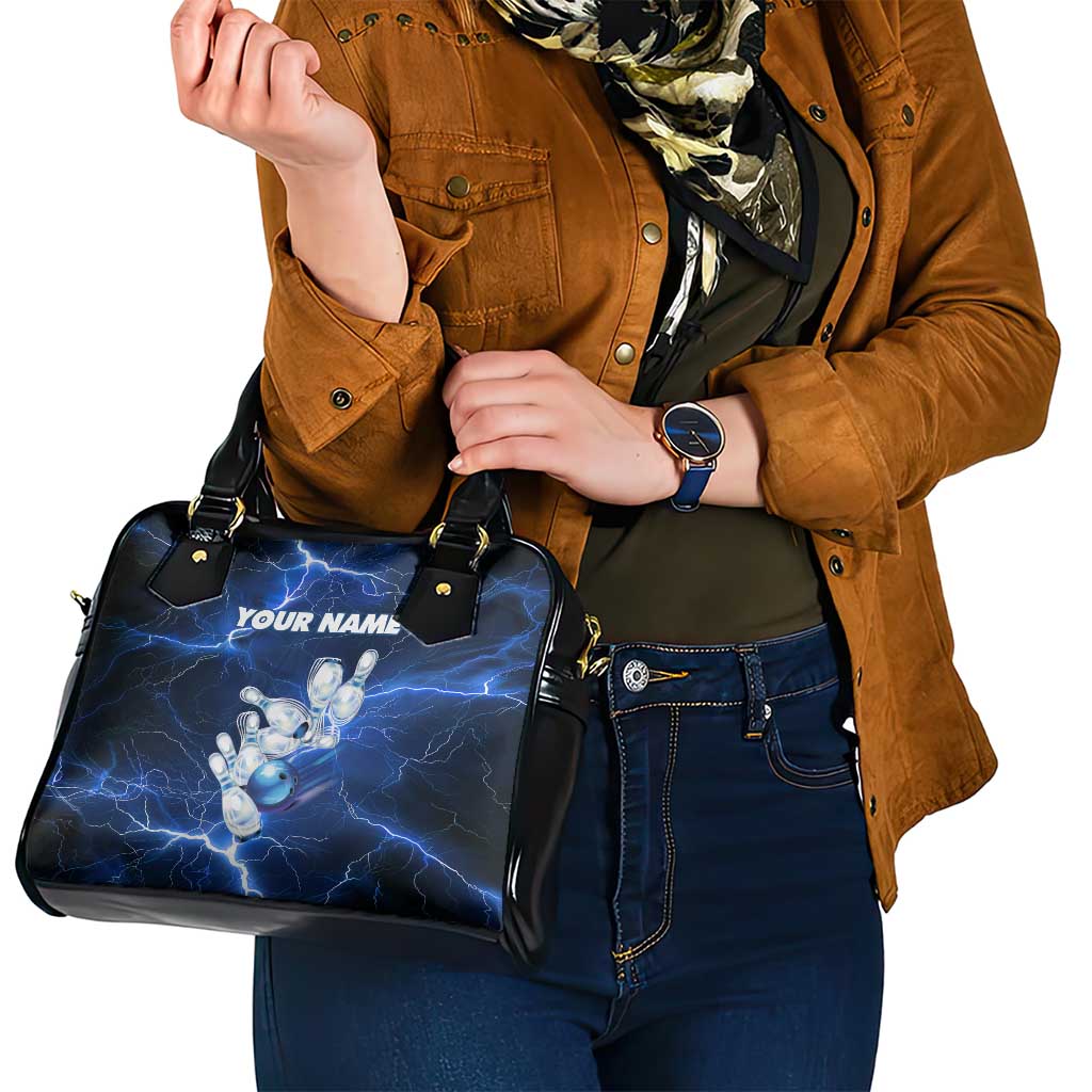 Blue Lightning Bowling Hoodie Shoulder Handbag with Striking Ball and Pins Graphic and Custom Name Design - Wonder Print Shop