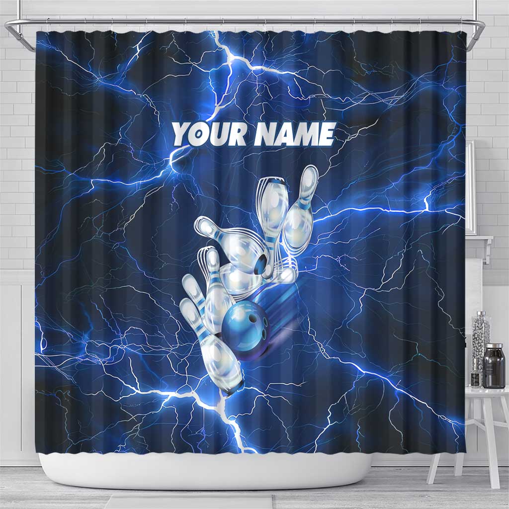 Blue Lightning Bowling Hoodie Shower Curtain with Striking Ball and Pins Graphic and Custom Name Design - Wonder Print Shop