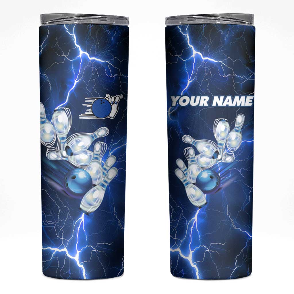 Blue Lightning Bowling Hoodie Skinny Tumbler with Striking Ball and Pins Graphic and Custom Name Design - Wonder Print Shop