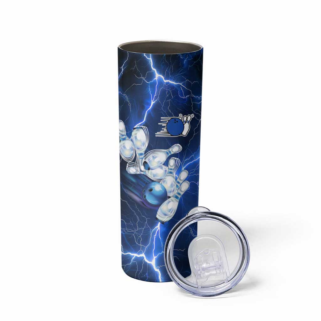 Blue Lightning Bowling Hoodie Skinny Tumbler with Striking Ball and Pins Graphic and Custom Name Design - Wonder Print Shop