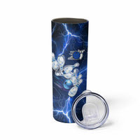 Blue Lightning Bowling Hoodie Skinny Tumbler with Striking Ball and Pins Graphic and Custom Name Design - Wonder Print Shop