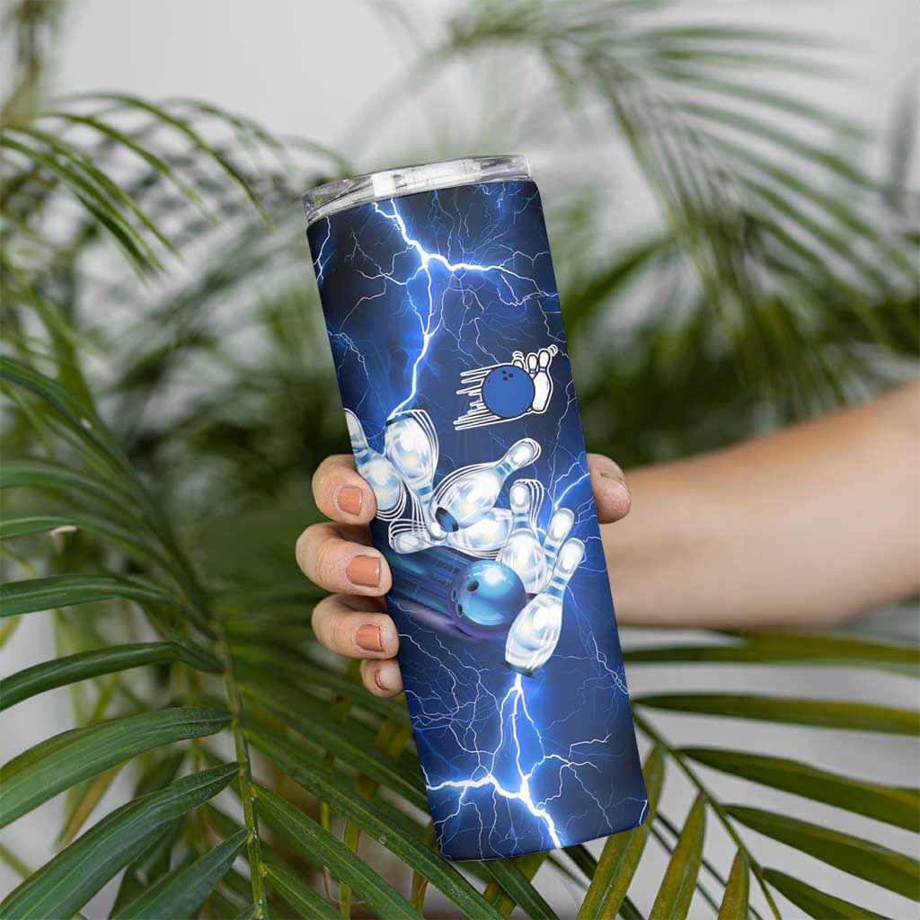 Blue Lightning Bowling Hoodie Skinny Tumbler with Striking Ball and Pins Graphic and Custom Name Design - Wonder Print Shop